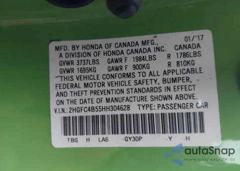 2017 Honda Civic Lx z USA, uszkodzony, nr VIN 2HGFC4B55HH304628